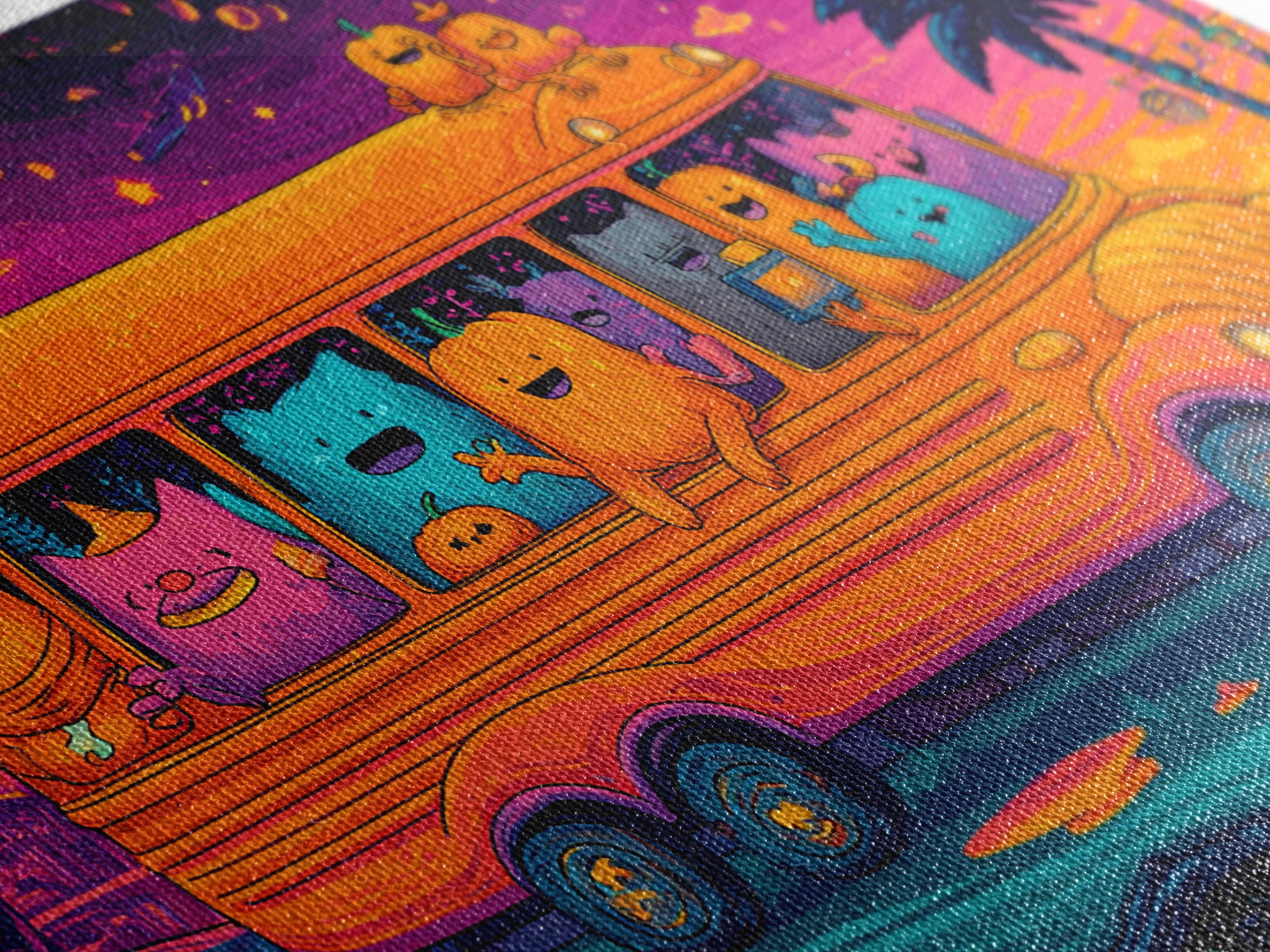 The Pumpkin School Bus, 80s Halloween Wall Art, Landscape Wall Art, Framed Canvas Print, Retro Halloween Decor, Neon Wall Art