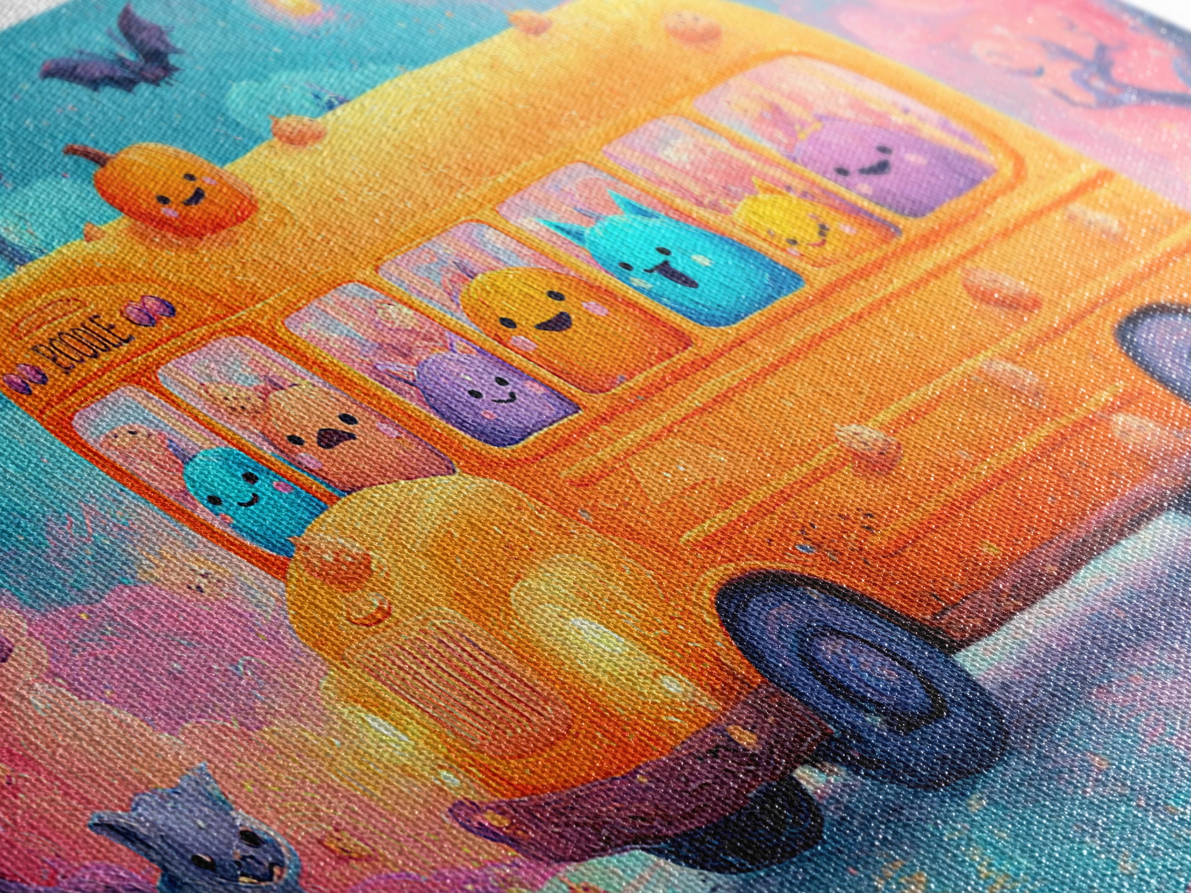 The Pumpkin School Bus, 80s Halloween Wall Art, Wide Panoramic Art, Canvas Print, Retro Halloween Decor, Neon Wall Art, Statement Wall Art