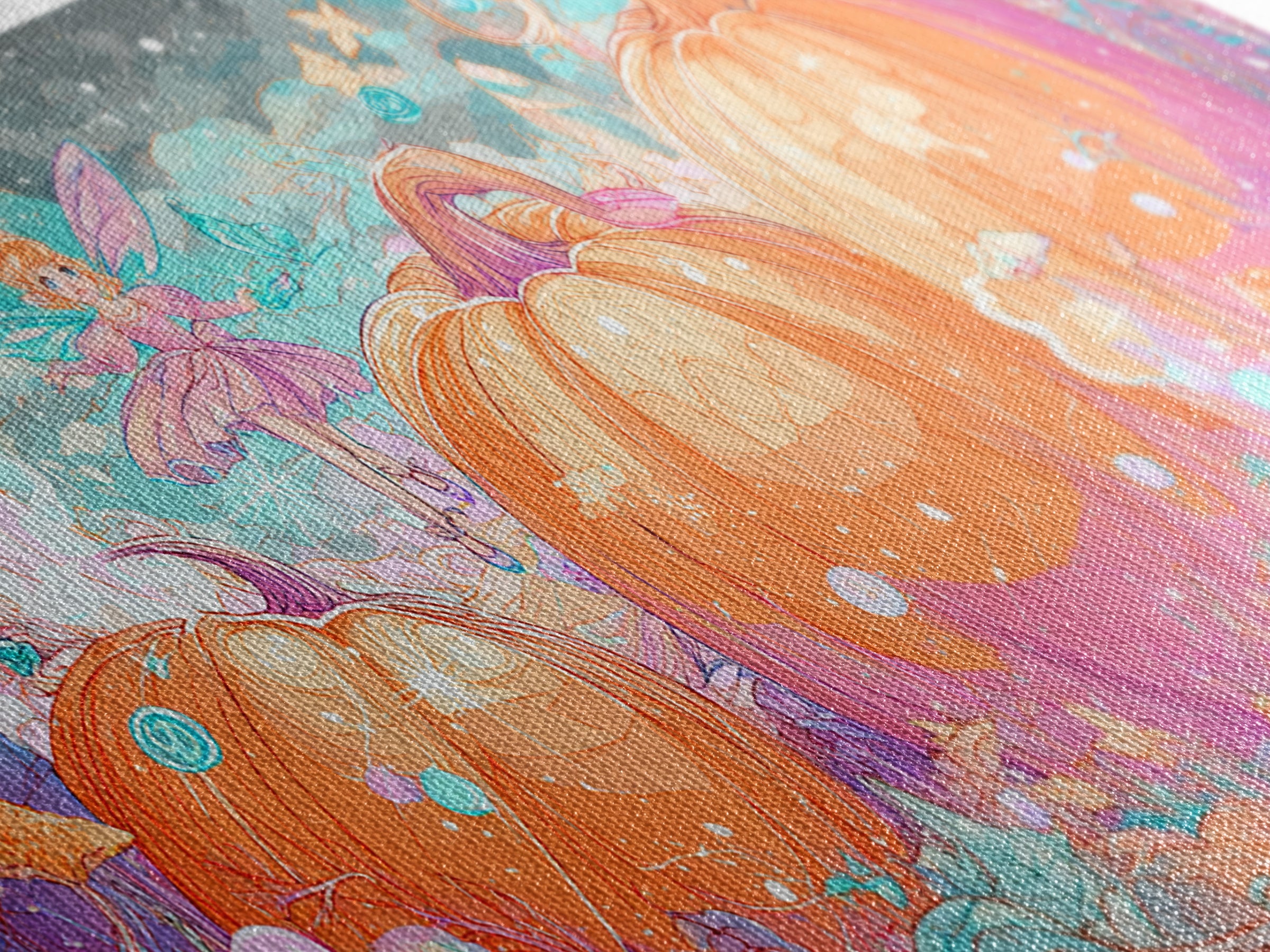 The Pumpkin Fairy Garden, Vaporwave Halloween Decor, Wide Panoramic Art, Canvas Print, Retro Halloween Decor, Neon Wall Art