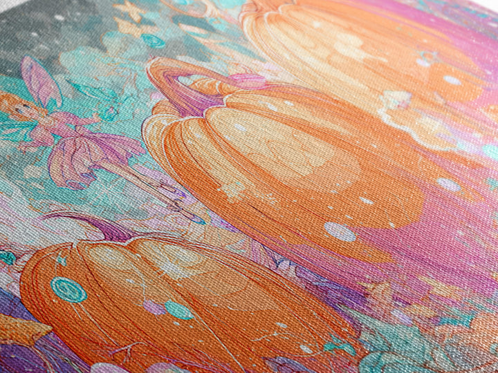 The Pumpkin Fairy Garden, Vaporwave Halloween Decor, Wide Panoramic Art, Canvas Print, Retro Halloween Decor, Neon Wall Art