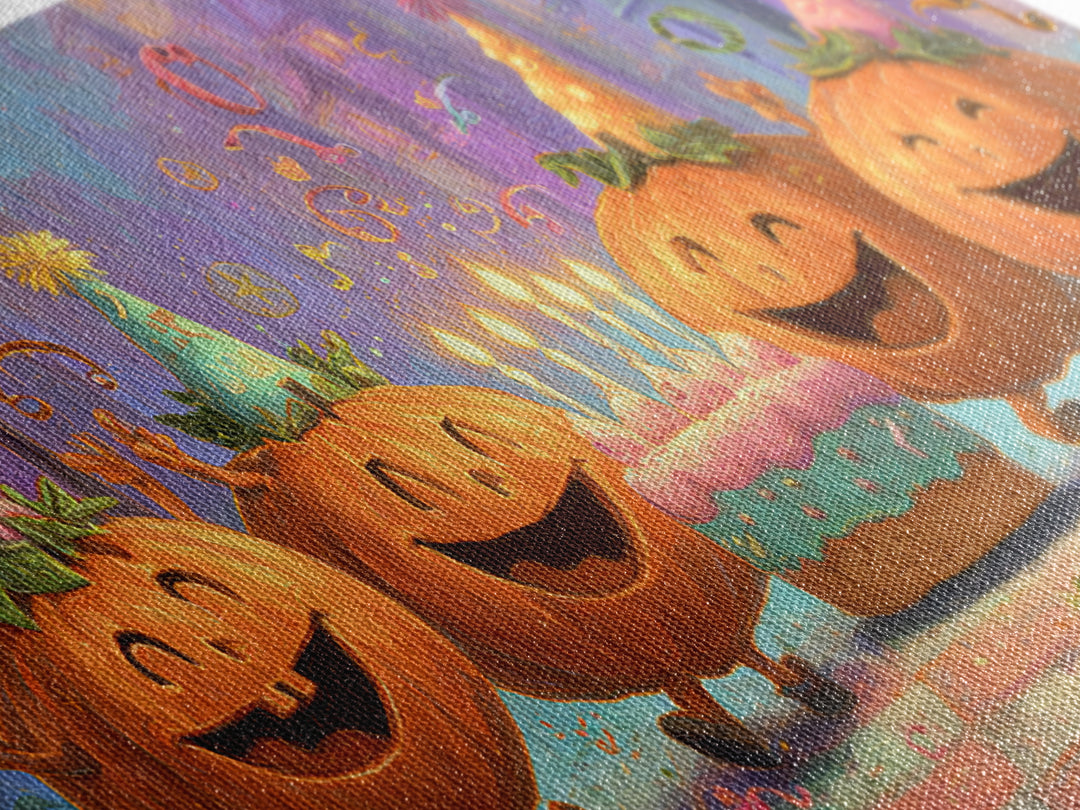 The Great Pumpkin Birthday Party, 80s Halloween Wall Art, Wide Panoramic Art, Framed Canvas Print, Retro Halloween Decor, Neon Wall Art