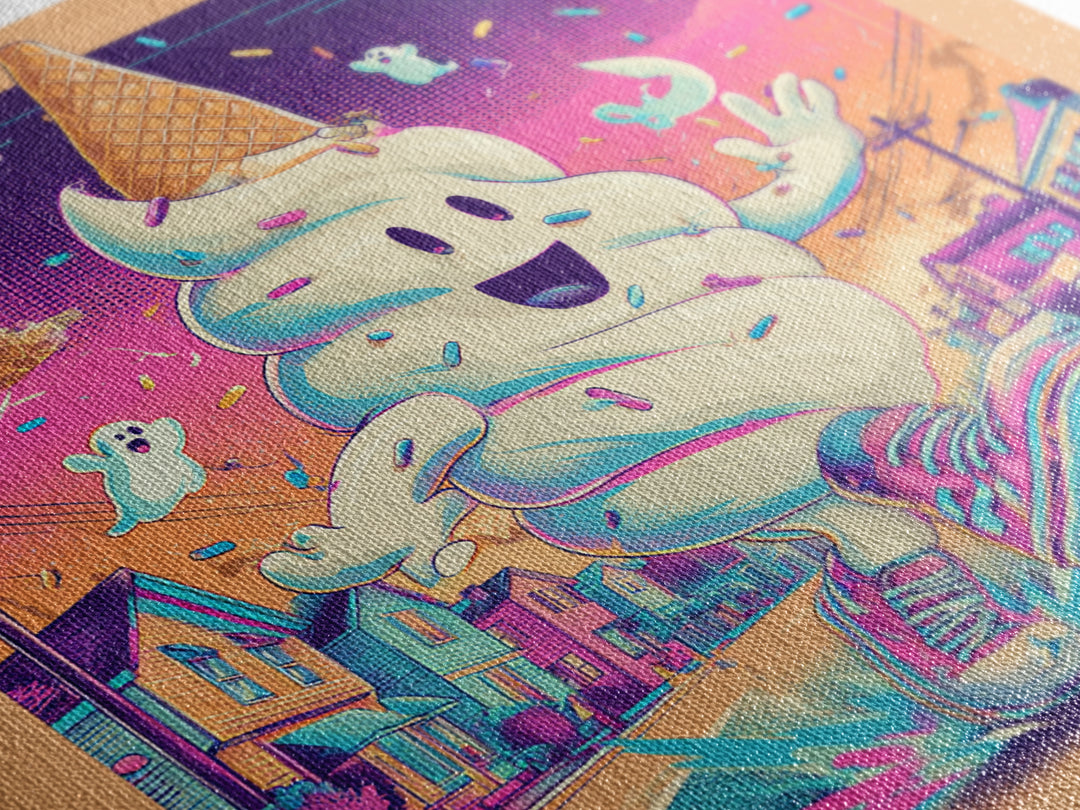 The Ice-Cream Ghost Parade, Vaporwave Halloween Decor, Square Wall Art, Canvas Print, Retro Halloween Decor, Neon Wall Art