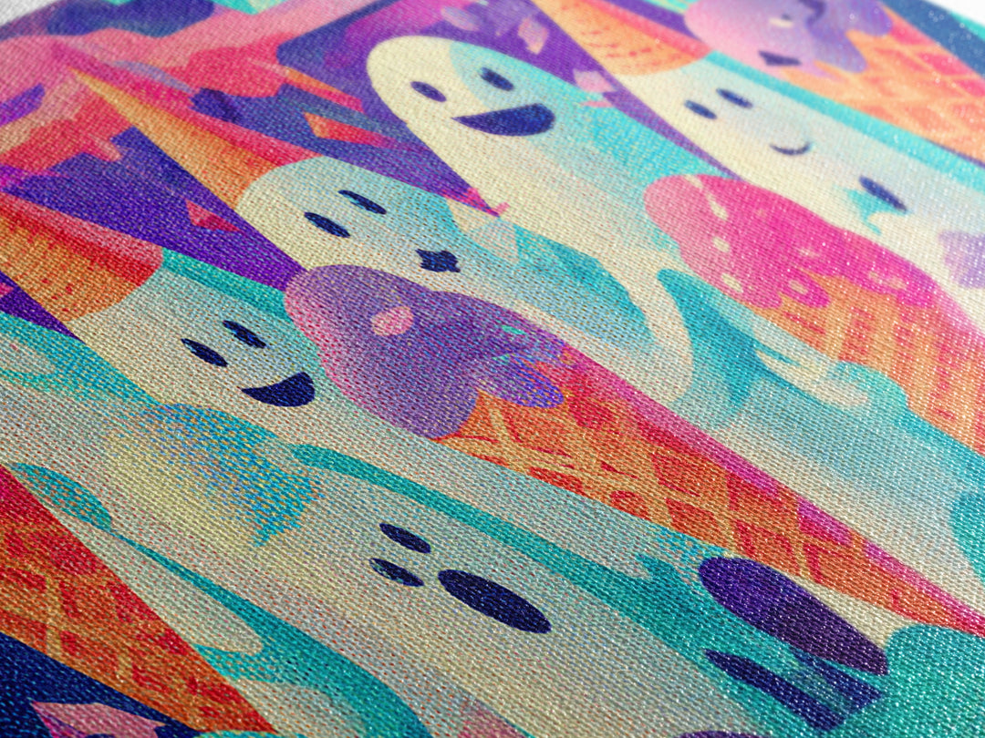 The Ice-Cream Ghost Parade, Vaporwave Halloween Decor, Wide Panoramic Art, Framed Canvas Print, Retro Halloween Decor, Neon Wall Art