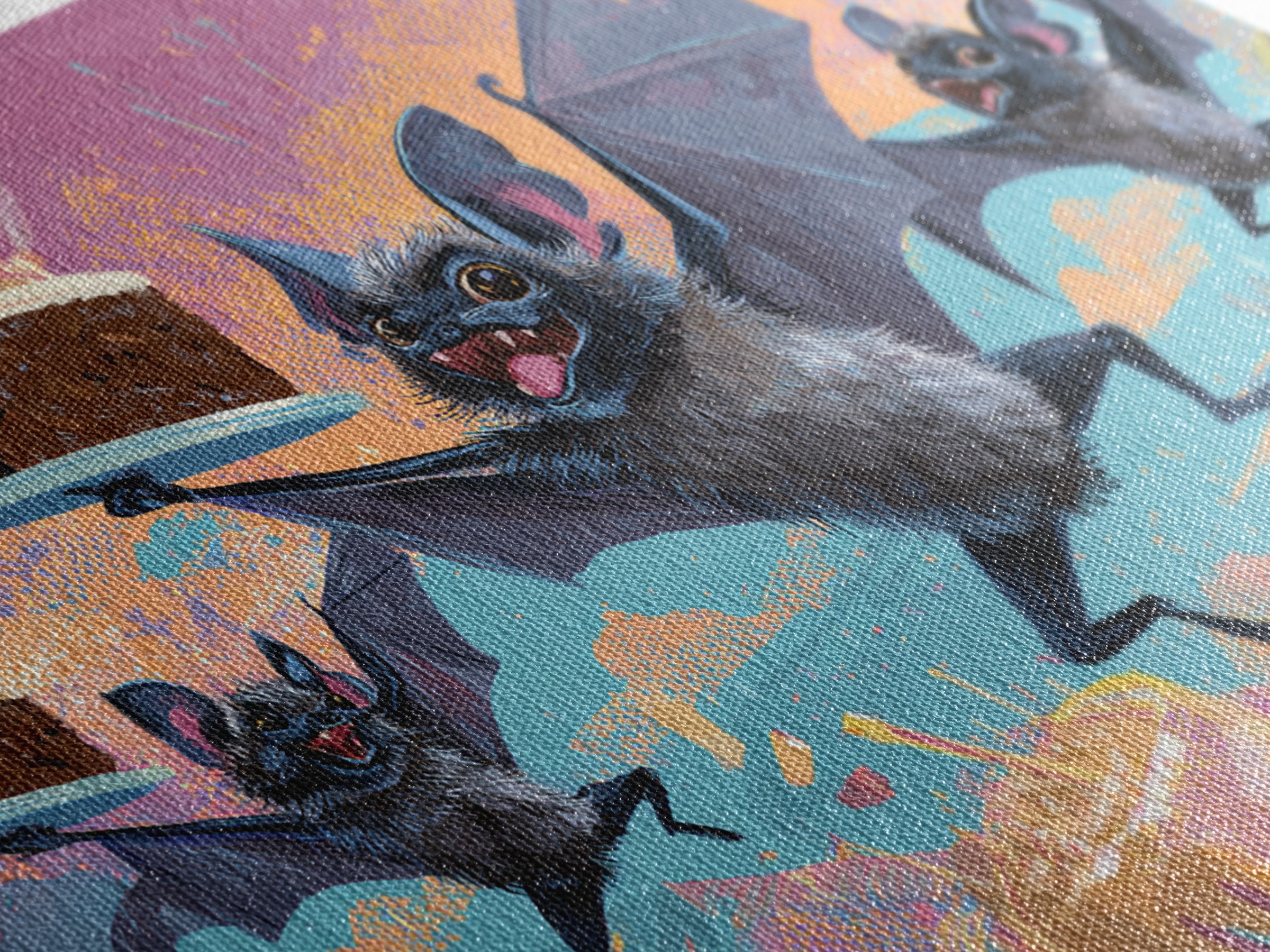 The Brownie Bat Bakery, Synthwave Halloween Art, Landscape Wall Art, Canvas Print, Retro Halloween Decor, Neon Wall Art