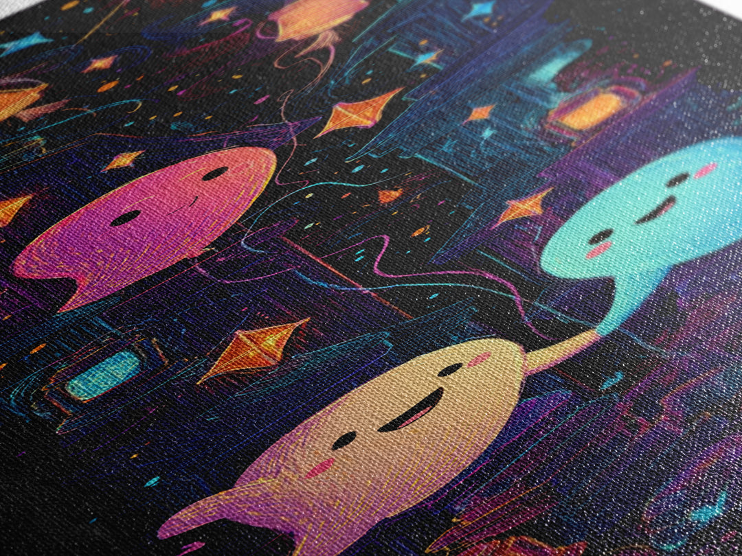 The Ghost Balloon Friend, 80s Halloween Wall Art, Tall Narrow Wall Art, Canvas Print, Retro Halloween Decor, Neon Wall Art
