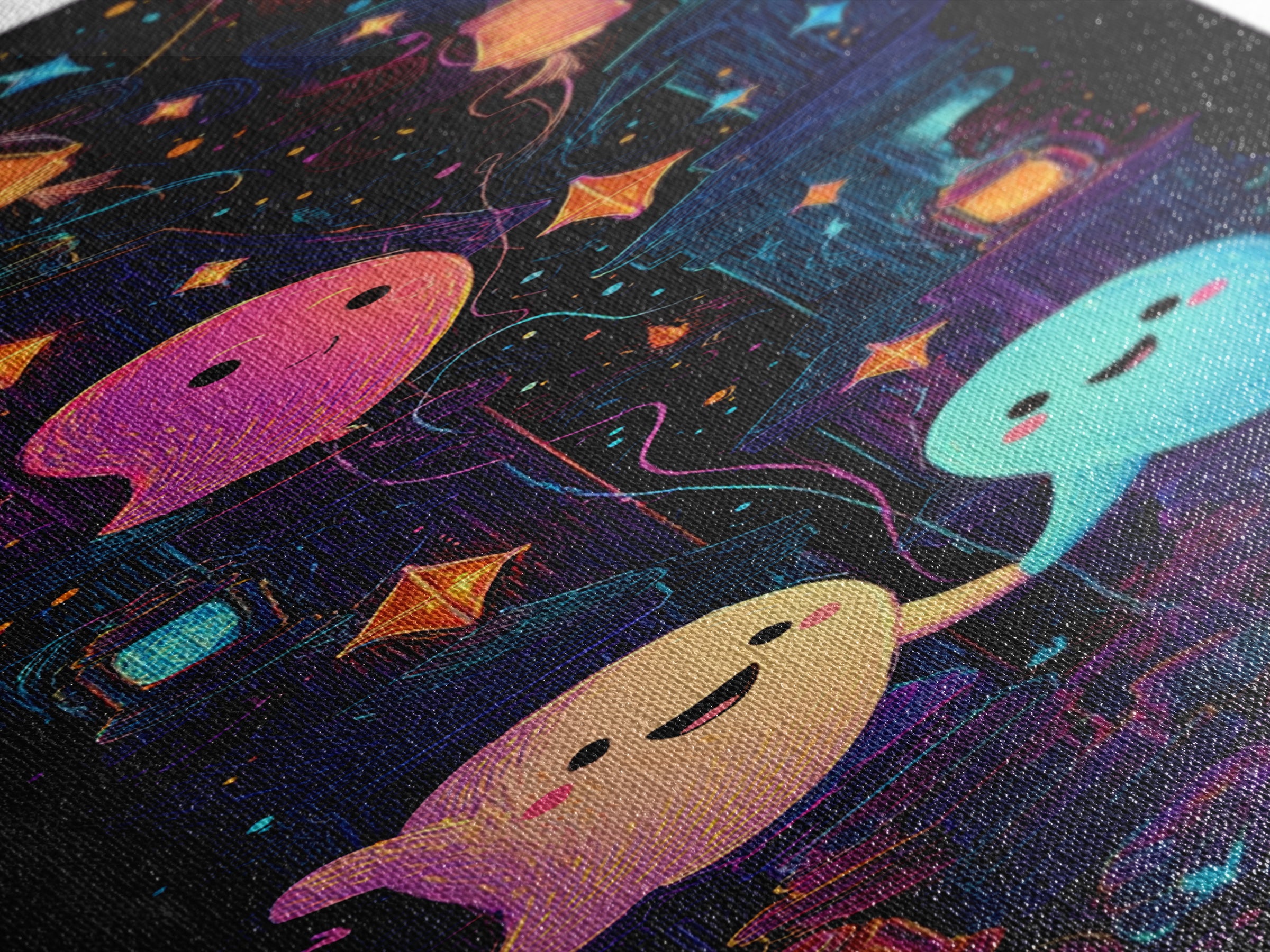 The Ghost Balloon Friend, 80s Halloween Wall Art, Tall Narrow Wall Art, Canvas Print, Retro Halloween Decor, Neon Wall Art