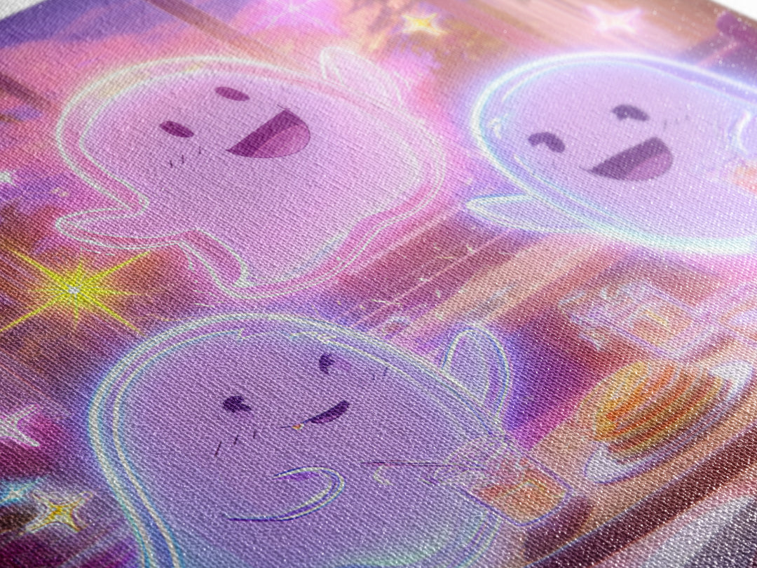 The Ghost Family Breakfast, Retro Neon Halloween Art, Square Wall Art, Framed Canvas Print, Retro Halloween Decor, Neon Wall Art