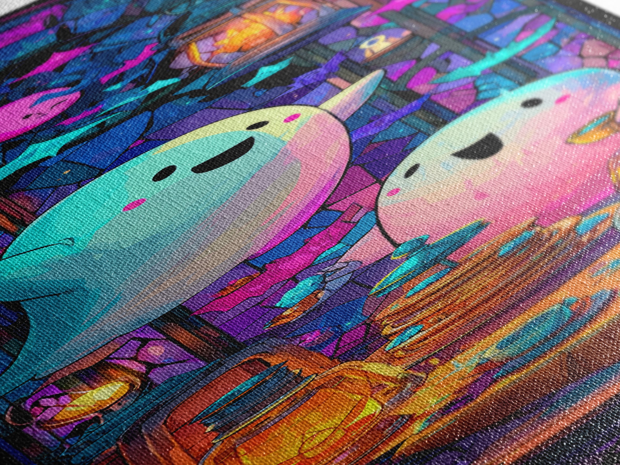 The Ghost Family Breakfast, Vaporwave Halloween Decor, Tall Narrow Wall Art, Canvas Print, Retro Halloween Decor, Neon Wall Art