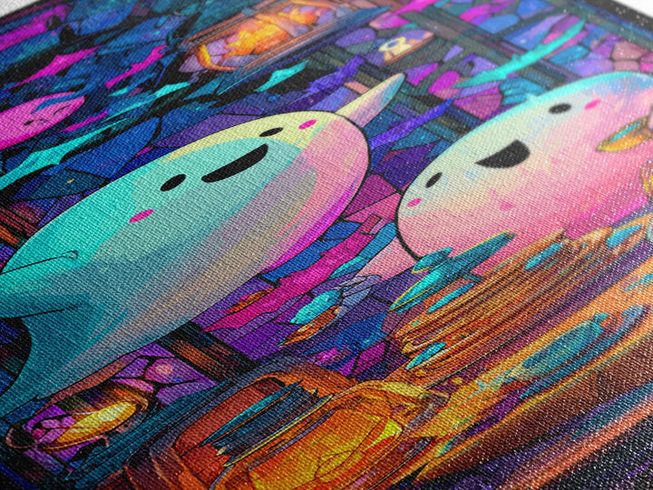 The Ghost Family Breakfast, Vaporwave Halloween Decor, Tall Narrow Wall Art, Canvas Print, Retro Halloween Decor, Neon Wall Art