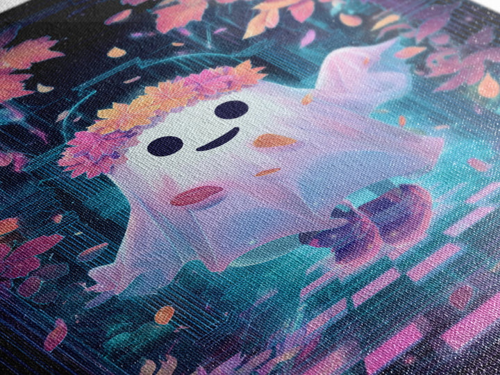 The Ghost With A Flower Crown, Retro Neon Halloween Art, Vertical Wall Art, Framed Canvas Print, Retro Halloween Decor, Neon Wall Art
