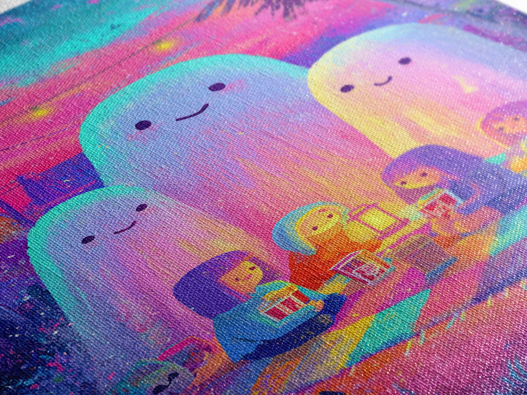 The Sleepy Blanket Ghost, Cute Spooky Neon Art, Vertical Wall Art, Canvas Print, Retro Halloween Decor, Neon Wall Art, Spooky Wall Decor