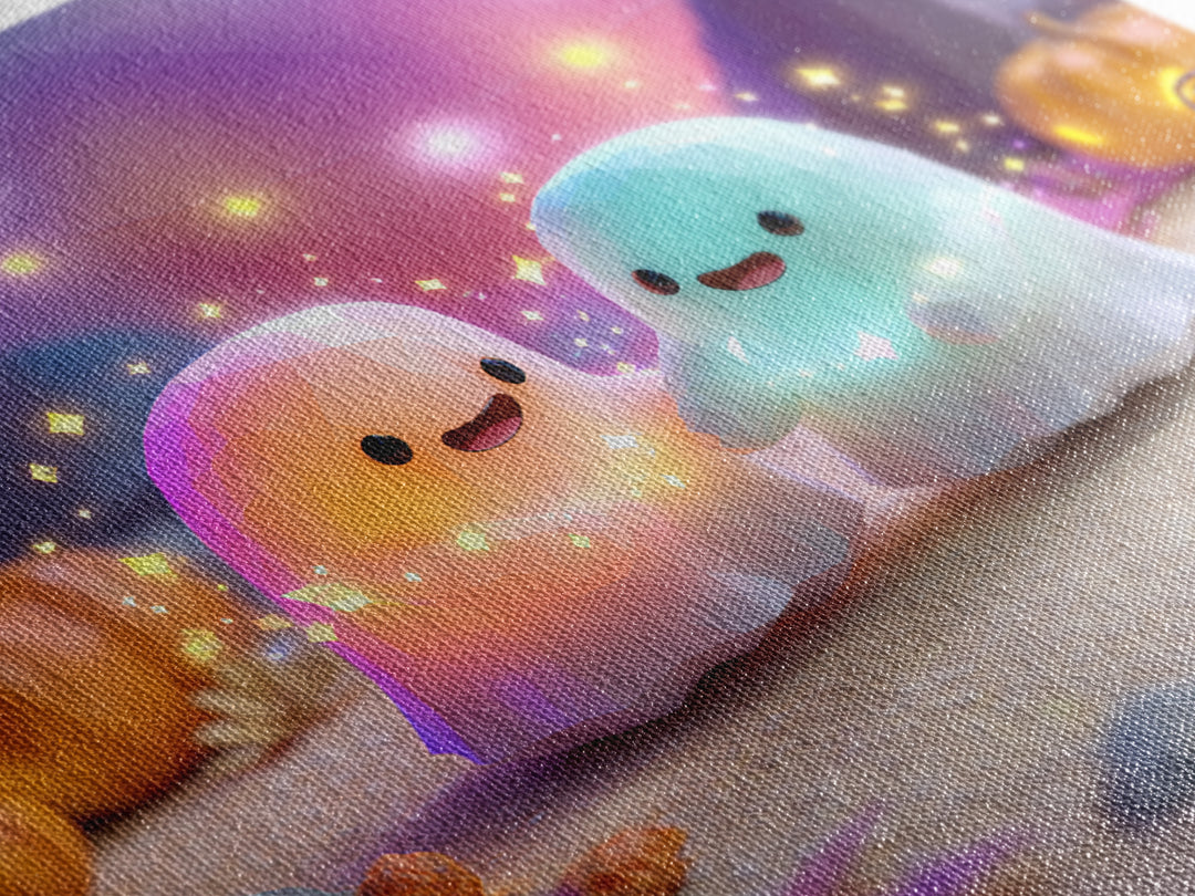 The Ghost And Firefly Friends, Cute Spooky Neon Art, Square Wall Art, Framed Canvas Print, Retro Halloween Decor, Neon Wall Art