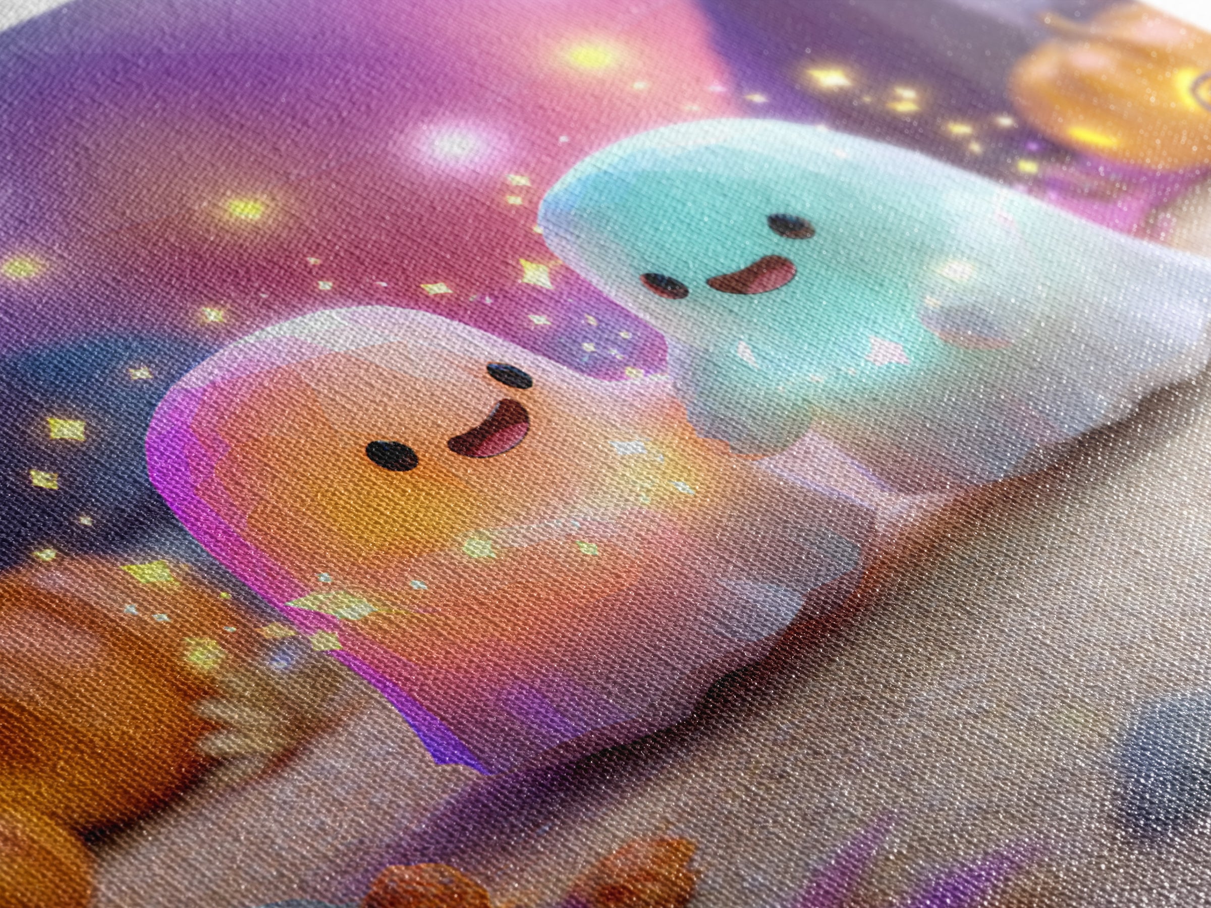 The Ghost And Firefly Friends, Cute Spooky Neon Art, Square Wall Art, Framed Canvas Print, Retro Halloween Decor, Neon Wall Art
