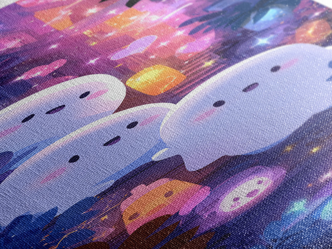 The Ghost And Firefly Friends, Vaporwave Halloween Decor, Tall Narrow Wall Art, Canvas Print, Retro Halloween Decor, Neon Wall Art