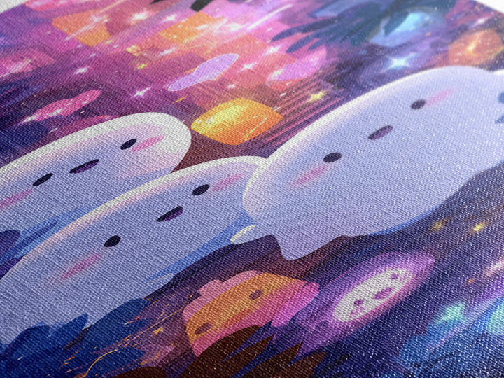 The Ghost And Firefly Friends, Vaporwave Halloween Decor, Tall Narrow Wall Art, Canvas Print, Retro Halloween Decor, Neon Wall Art
