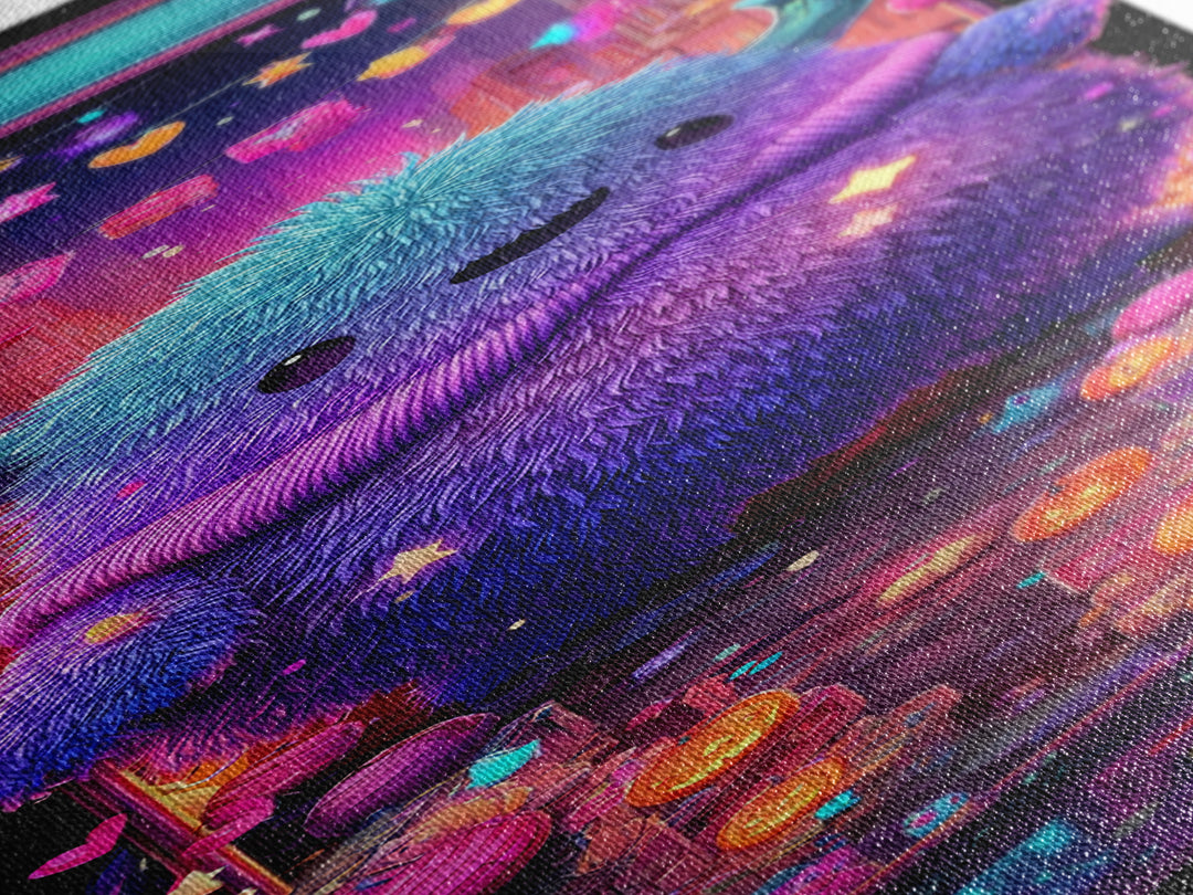 The Fuzzy Purple Monster, Synthwave Halloween Art, Tall Narrow Wall Art, Canvas Print, Retro Halloween Decor, Neon Wall Art
