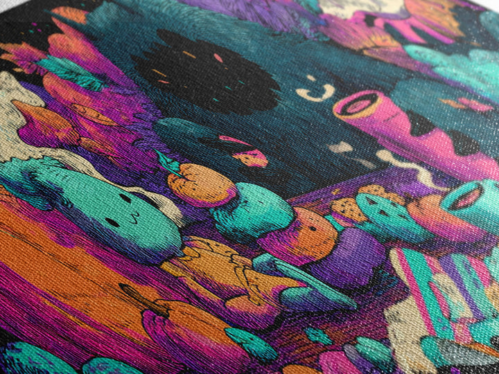 The Monster Under The Bed Tea Party, Synthwave Halloween Art, Extra Wide Wall Art, Canvas Print, Retro Halloween Decor, Neon Wall Art