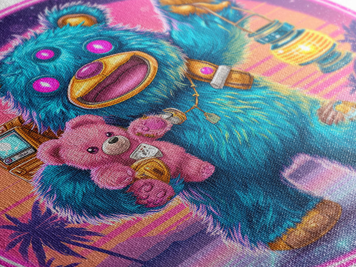The Three-Eyed Teddy Monster, Cute Spooky Neon Art, Square Wall Art, Framed Canvas Print, Retro Halloween Decor, Neon Wall Art