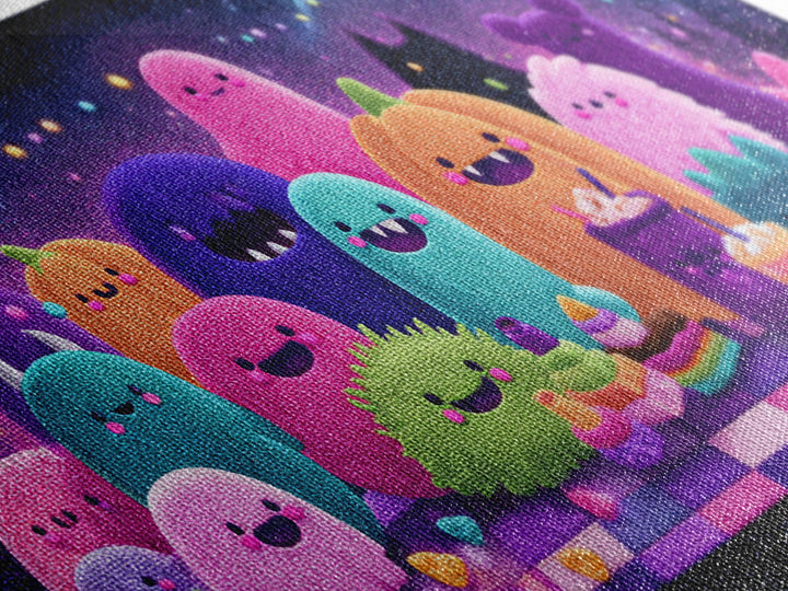 The Monster Friendship Picnic, Retro Neon Halloween Art, Wide Panoramic Art, Canvas Print, Retro Halloween Decor, Neon Wall Art