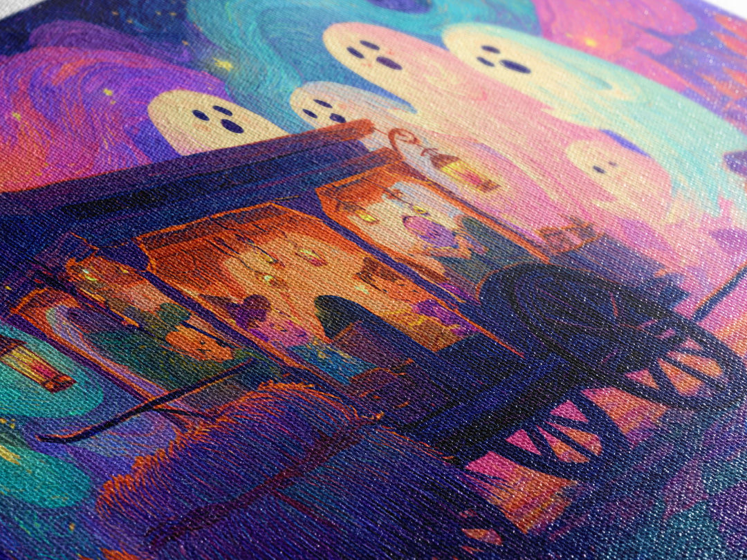 The Friendly Haunted Hayride, 80s Halloween Wall Art, Wide Panoramic Art, Canvas Print, Retro Halloween Decor, Neon Wall Art