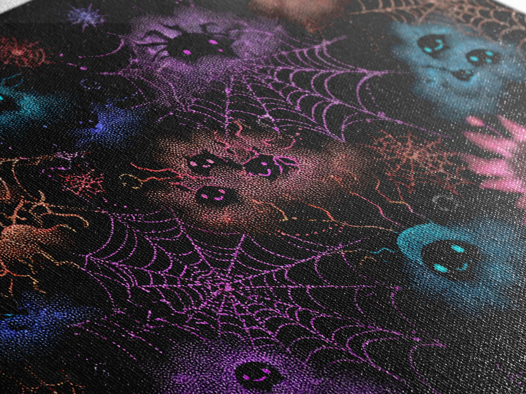 The Great Cobweb Knitting Contest, Vaporwave Halloween Decor, Landscape Wall Art, Canvas Print, Retro Halloween Decor, Neon Wall Art