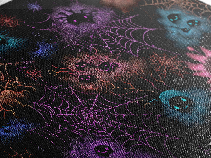 The Great Cobweb Knitting Contest, Vaporwave Halloween Decor, Landscape Wall Art, Canvas Print, Retro Halloween Decor, Neon Wall Art