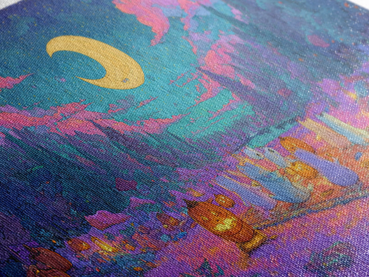 The Smiling Moon Meadow, Vaporwave Halloween Decor, Wide Panoramic Art, Canvas Print, Retro Halloween Decor, Neon Wall Art