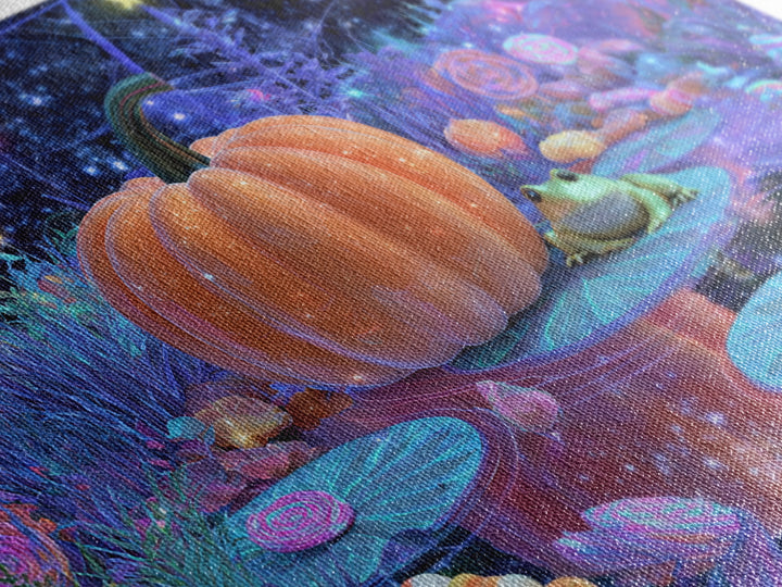 The Star-Filled Pumpkin Pond, Vaporwave Halloween Decor, Landscape Wall Art, Framed Canvas Print, Retro Halloween Decor, Neon Wall Art