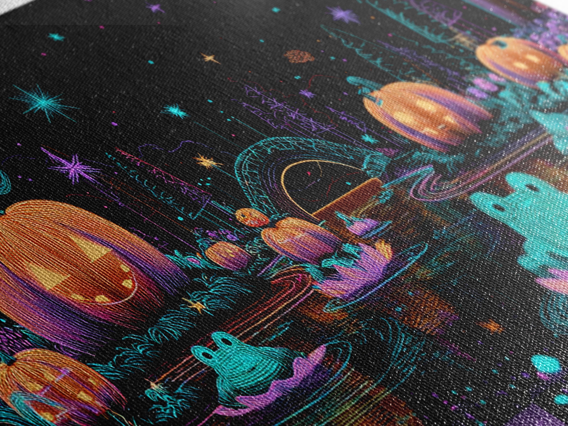 The Star-Filled Pumpkin Pond, Retro Neon Halloween Art, Wide Panoramic Art, Framed Canvas Print, Retro Halloween Decor, Neon Wall Art