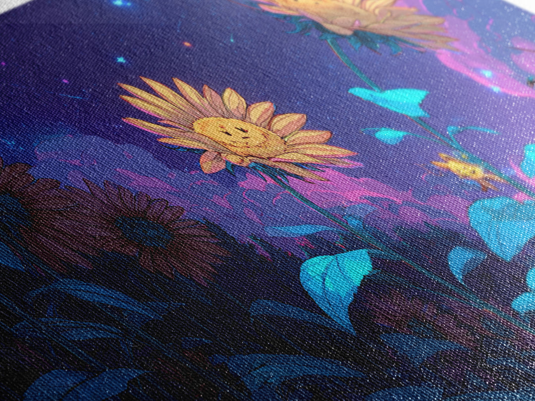 The Singing Sunflowers At Midnight, Synthwave Halloween Art, Wide Panoramic Art, Canvas Print, Retro Halloween Decor, Neon Wall Art