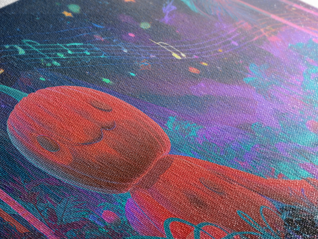 The Singing Pumpkin Patch, Vaporwave Halloween Decor, Wide Panoramic Art, Framed Canvas Print, Retro Halloween Decor, Neon Wall Art