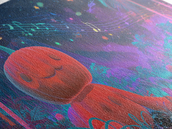 The Singing Pumpkin Patch, Vaporwave Halloween Decor, Wide Panoramic Art, Framed Canvas Print, Retro Halloween Decor, Neon Wall Art
