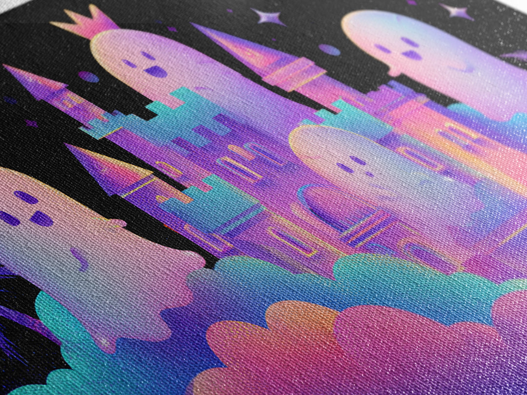 The Halloween Cloud Castle, 80s Halloween Wall Art, Wide Panoramic Art, Framed Canvas Print, Retro Halloween Decor, Neon Wall Art