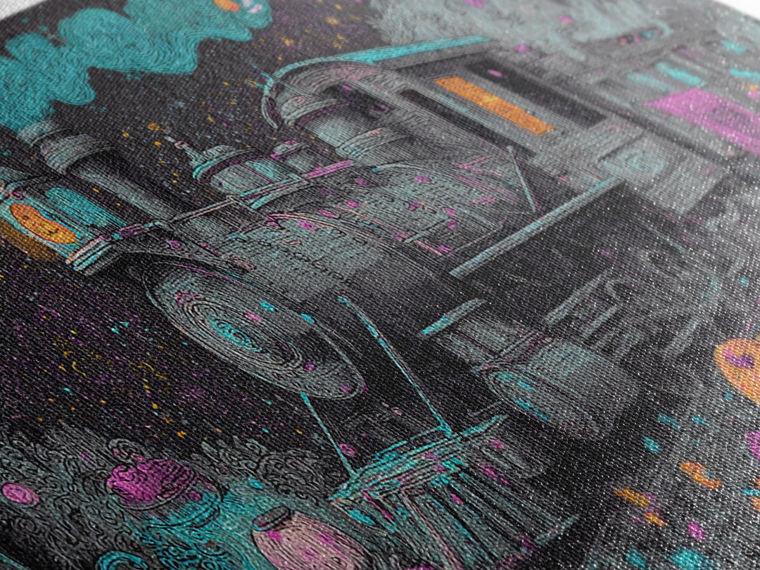The Trick-Or-Treat Express, Synthwave Halloween Art, Wide Panoramic Art, Canvas Print, Retro Halloween Decor, Neon Wall Art
