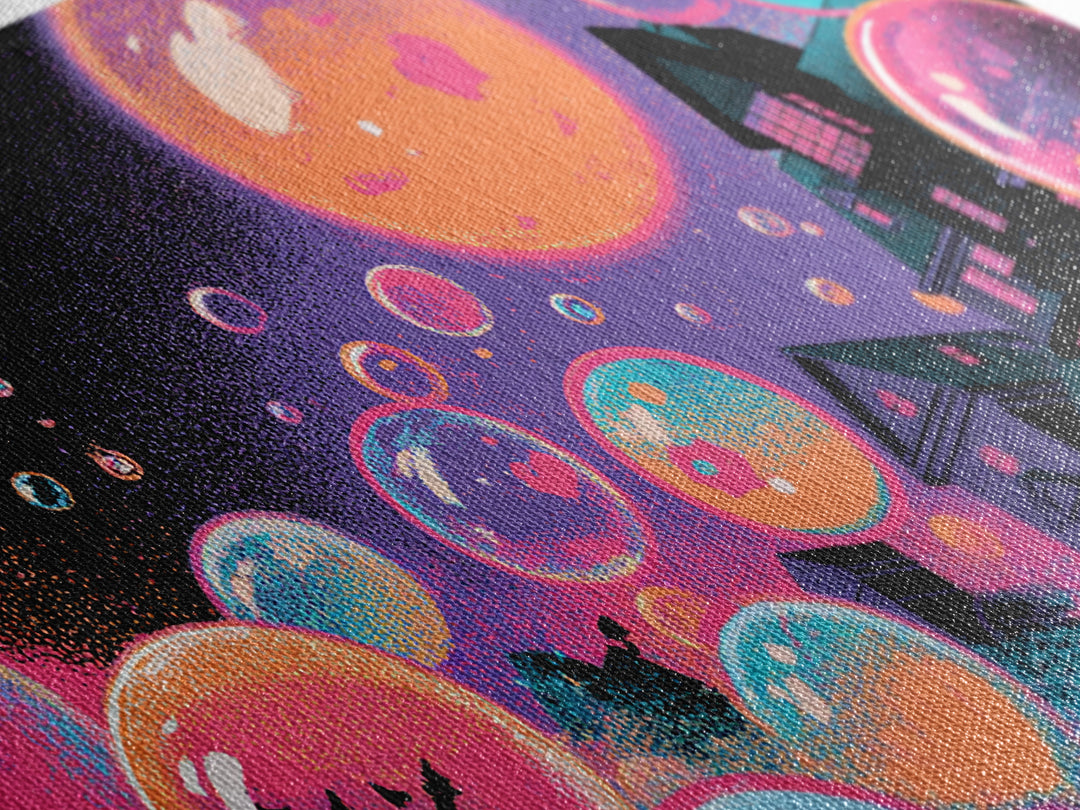 The Halloween Bubble Village, Synthwave Halloween Art, Wide Panoramic Art, Framed Canvas Print, Retro Halloween Decor, Neon Wall Art