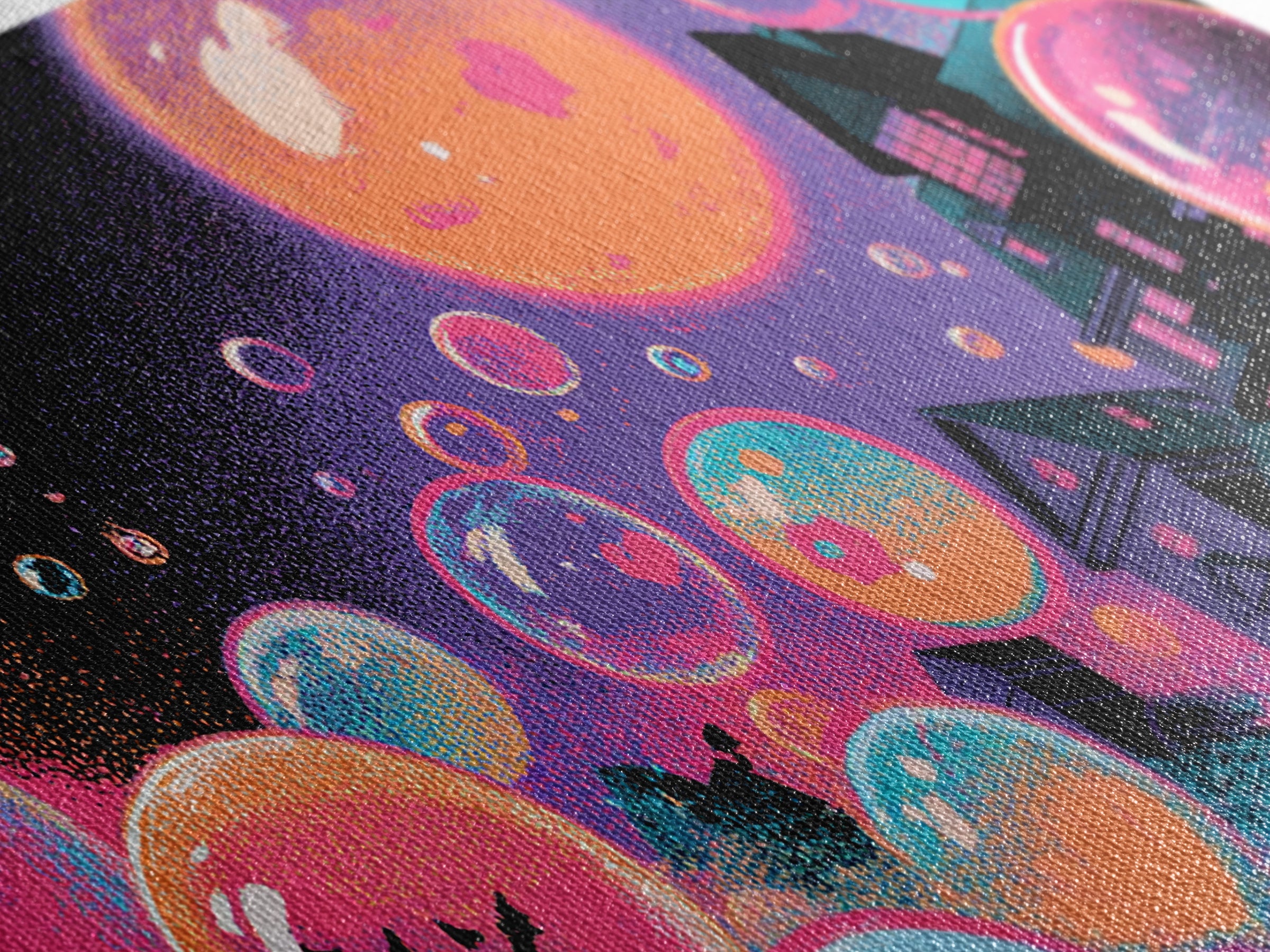 The Halloween Bubble Village, Synthwave Halloween Art, Wide Panoramic Art, Framed Canvas Print, Retro Halloween Decor, Neon Wall Art