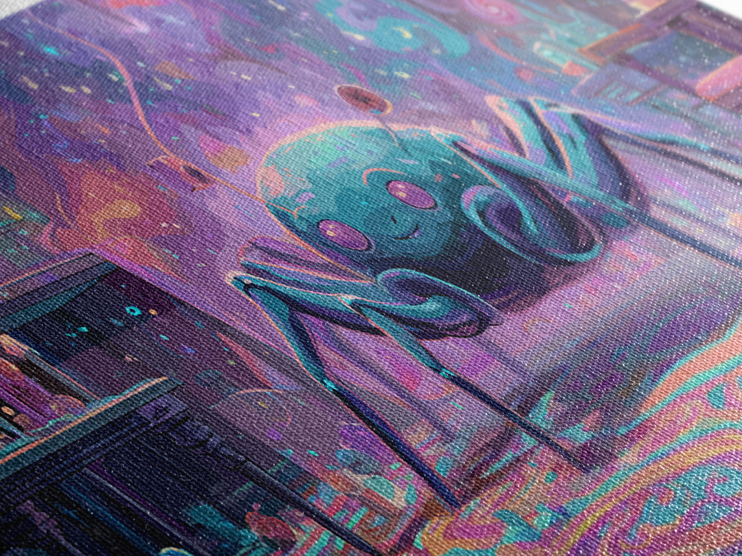 The Crawler Beneath The Floor Of Stars, Retro Neon Halloween Art, Wide Panoramic Art, Framed Canvas Print, Retro Halloween Decor