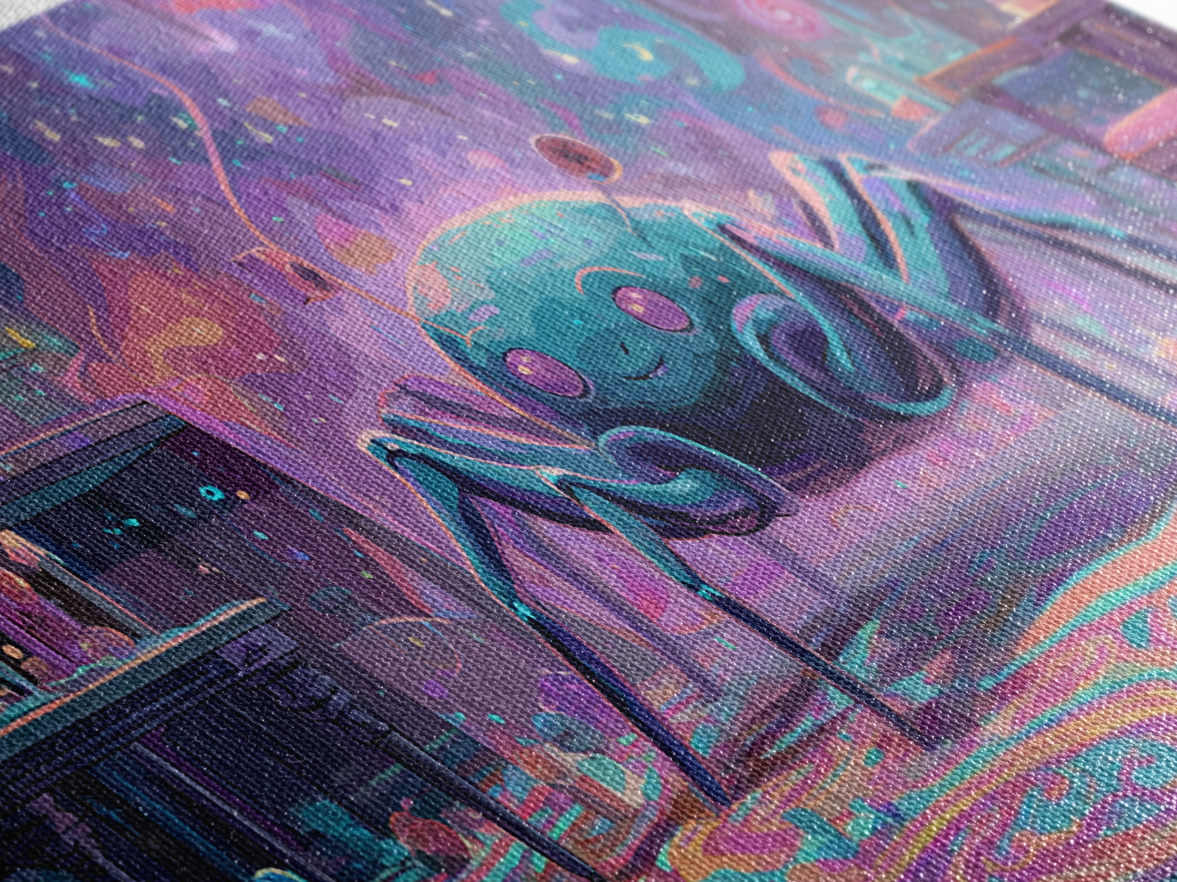 The Crawler Beneath The Floor Of Stars, Retro Neon Halloween Art, Wide Panoramic Art, Framed Canvas Print, Retro Halloween Decor