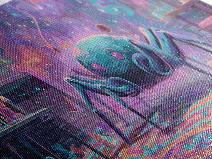 The Crawler Beneath The Floor Of Stars, Retro Neon Halloween Art, Wide Panoramic Art, Framed Canvas Print, Retro Halloween Decor