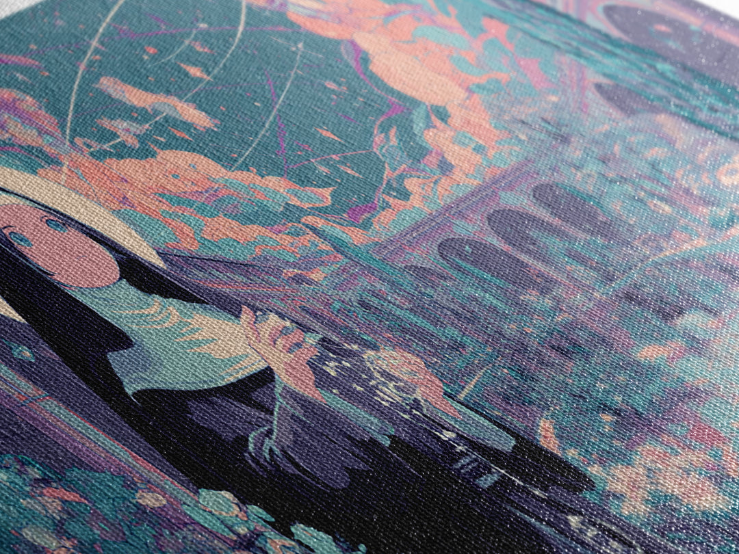 The Nun Of The Endless Constellation, Synthwave Halloween Art, Wide Panoramic Art, Framed Canvas Print, Retro Halloween Decor, Neon Wall Art