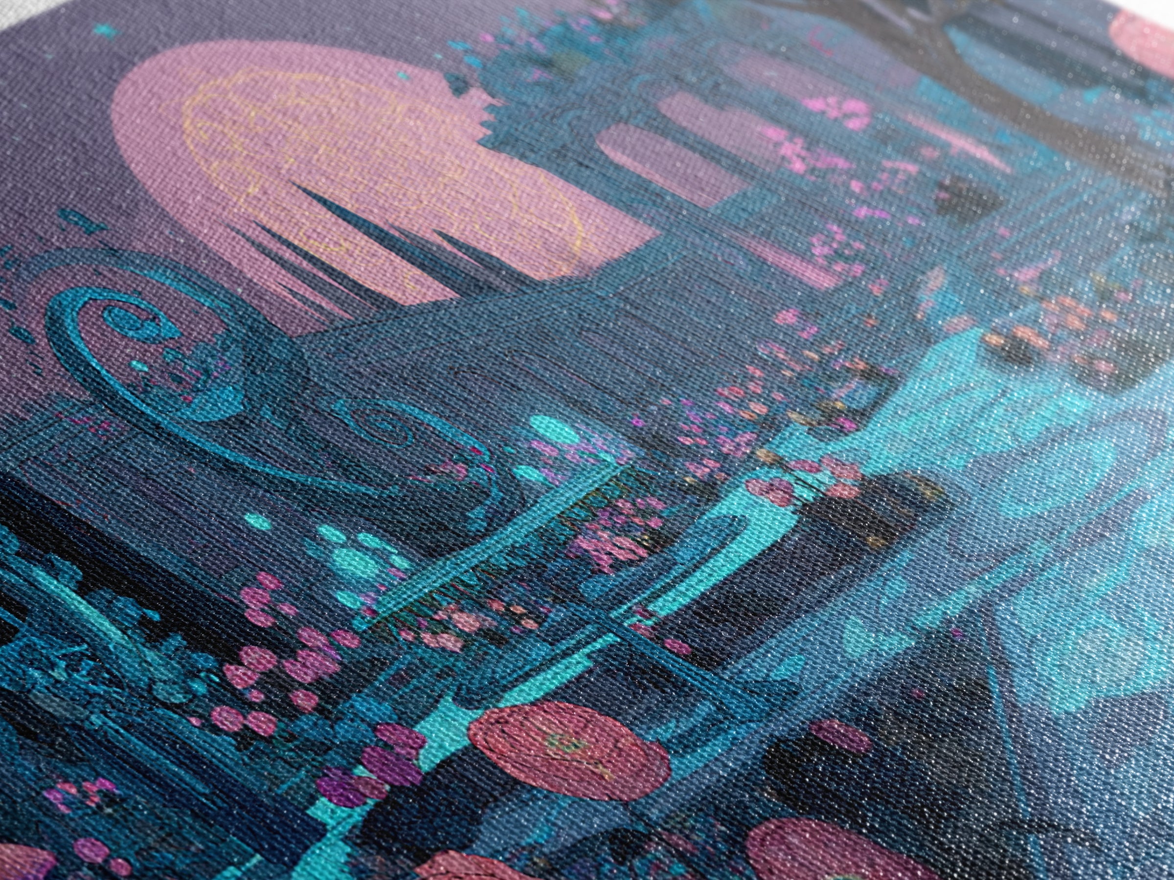 The Garden Of The Eyeless Moon, Synthwave Halloween Art, Wide Panoramic Art, Framed Canvas Print, Retro Halloween Decor, Neon Wall Art