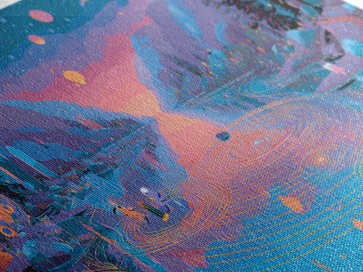 The Mirror Lake Of Lost Constellations, Synthwave Halloween Art, Wide Panoramic Art, Framed Canvas Print, Retro Halloween Decor