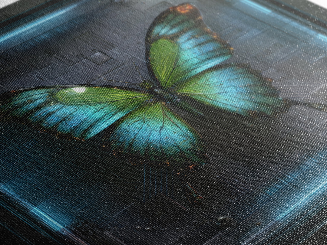 Holographic Butterfly over Black Metal Surface Canvas Print, Cyberpunk Art, Japanese Art, Living Room Decor, Fine Art, Neon, CYB-1x1-19