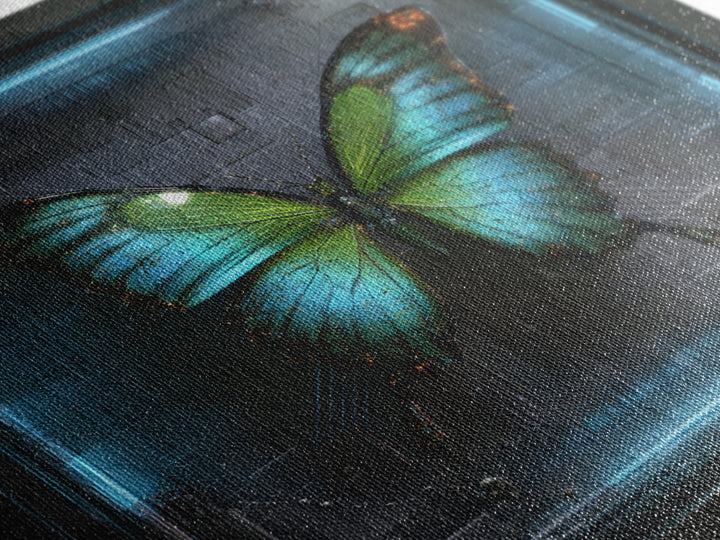 Holographic Butterfly over Black Metal Surface Canvas Print, Cyberpunk Art, Japanese Art, Living Room Decor, Fine Art, Neon, CYB-1x1-19