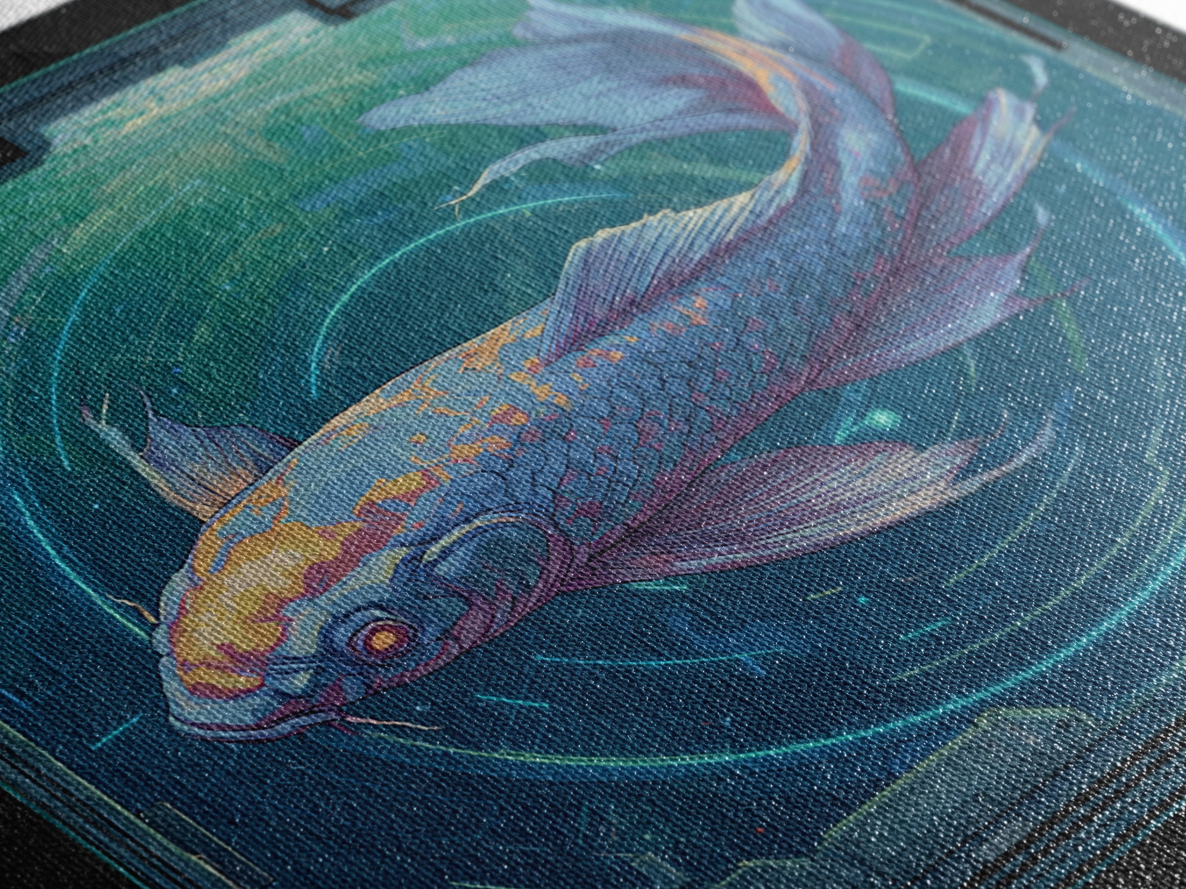 Cyberpunk Koi Swimming Through Electric Blue Water Canvas Print, Cyberpunk Art, Textured Painting, Living Room Decor, Neon, CYB-1x1-29