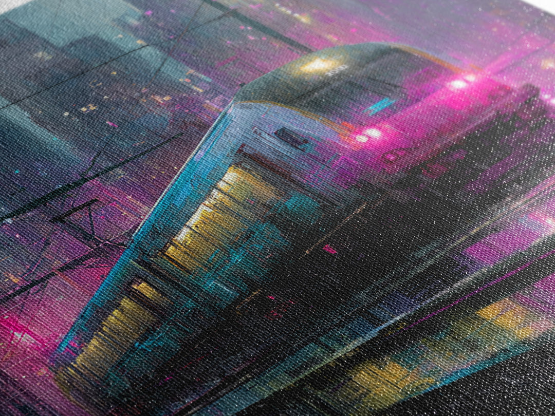 City Train Rushing Through Pink Electric Haze Framed Canvas Print, Cyberpunk Art, Boho Decor, Living Room Decor, Oil Painting, CYB-1x1-37