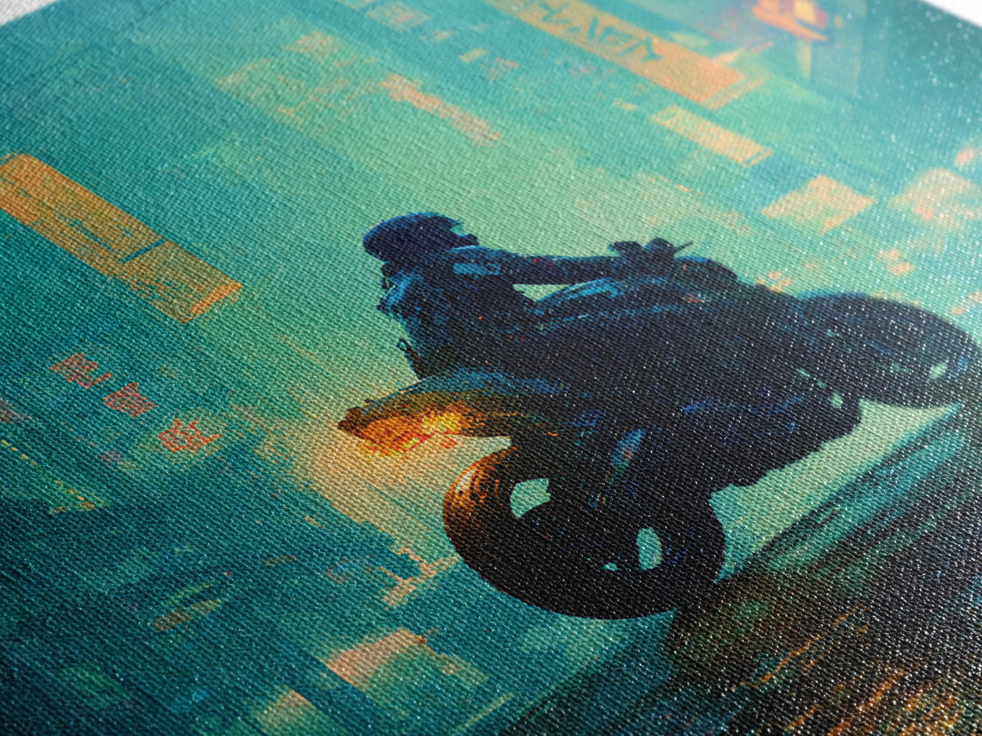 Motorcycle Rider under Holographic Signs Canvas Print, Cyberpunk Art, Home Decor, Living Room Decor, Neon, Japanese Wall Art, CYB-1x1-4
