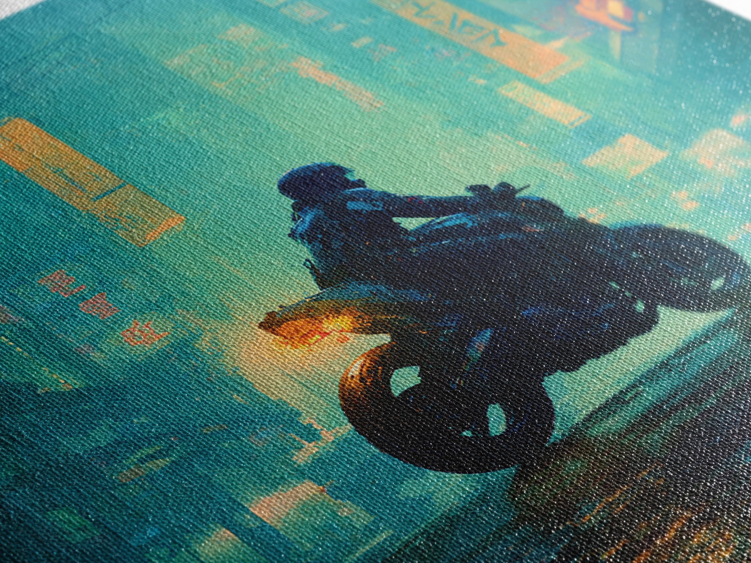 Motorcycle Rider under Holographic Signs Canvas Print, Cyberpunk Art, Home Decor, Living Room Decor, Neon, Japanese Wall Art, CYB-1x1-4