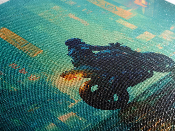 Motorcycle Rider under Holographic Signs Canvas Print, Cyberpunk Art, Home Decor, Living Room Decor, Neon, Japanese Wall Art, CYB-1x1-4