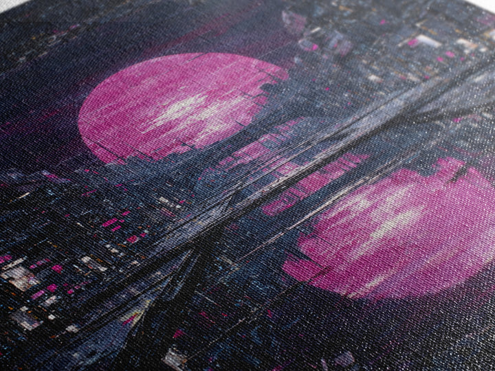 Dystopian Moon over Dense Rooftops Framed Canvas Print, Cyberpunk Art, Cyberpunk Helmet, Living Room Decor, Abstract Art, Neon, CYB-1x1-42